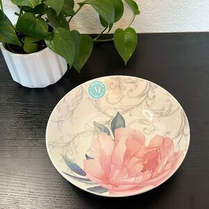 2 Pc - Martha Stewart Pink Peony Floral Ceramic Dinner Bowl Vegetable Plate 9"